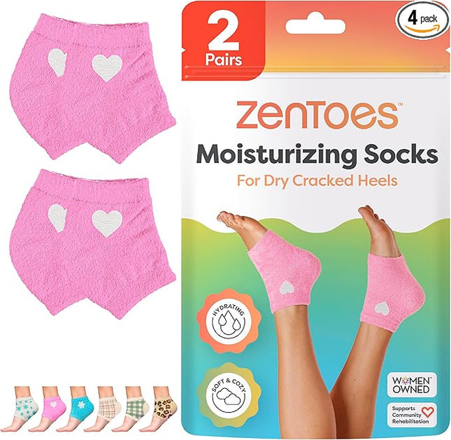 ZenToes Moisturizing Socks for Cracked Heel Treatment, Vitamin E, Olive Oil and Jojoba Oil Infused Heel Socks, Galentines Day Gifts, Self Care Gifts for Women (Pink with White Heart, Regular)
