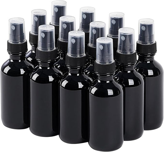 2 oz Glass Spray Bottles, Reusable Fine Mist Sprayer Small Spray Bottle, Leak-Proof Design, Perfect for Travel, Skin Care, Perfumes, Botanical, Cleansing (Black, 2oz-12pcs)