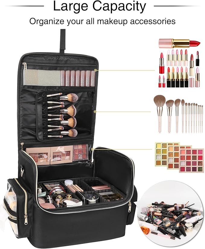 Extra Large Makeup Bag Professional Makeup Artist Bag Tattoo Case Cosmetic Train Case Travel Makeup Organizer Box with Adjustable Dividers (Black, Extra Large)