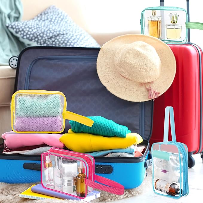 Silkfly Clear Toiletry Bag PVC Travel Cosmetic Bag with Handle Strap Makeup Pouch with Zipper Summer Vacation Salon Graduation Gift End of the Year Gifts(Bright Color,50 Pack)