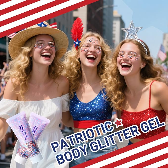 DAGEDA Red White Blue Body Glitter, 4th of July Outfits Accessories for Women, USA Flag Face Glitter Makeup, Fourth of July Patriotic Independence Day Hair Accessories Party Costumes