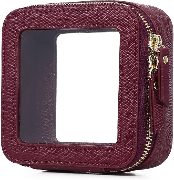 Pinkmik Small Makeup Bag Clear Mini Cosmetic Makeup Case & Toiletry Bag with Zipper Women's Purse Organizer & Car Essentials (X/Burgundy, MINI-1)