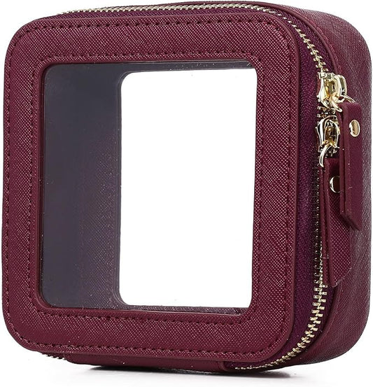 Pinkmik Small Makeup Bag Clear Mini Cosmetic Makeup Case & Toiletry Bag with Zipper Women's Purse Organizer & Car Essentials (X/Burgundy, MINI-1)