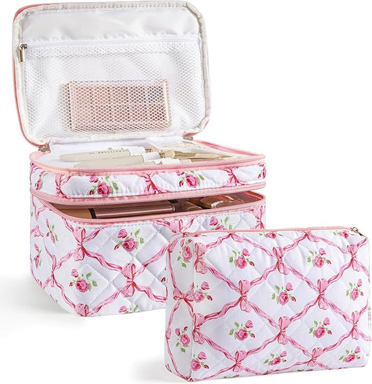 HBselect 2Pcs Travel Makeup Bag, Large Cotton Quilted Makeup Bag Cosmetic Bag Cute Make up Bag Toiletry Bags for Women Girls