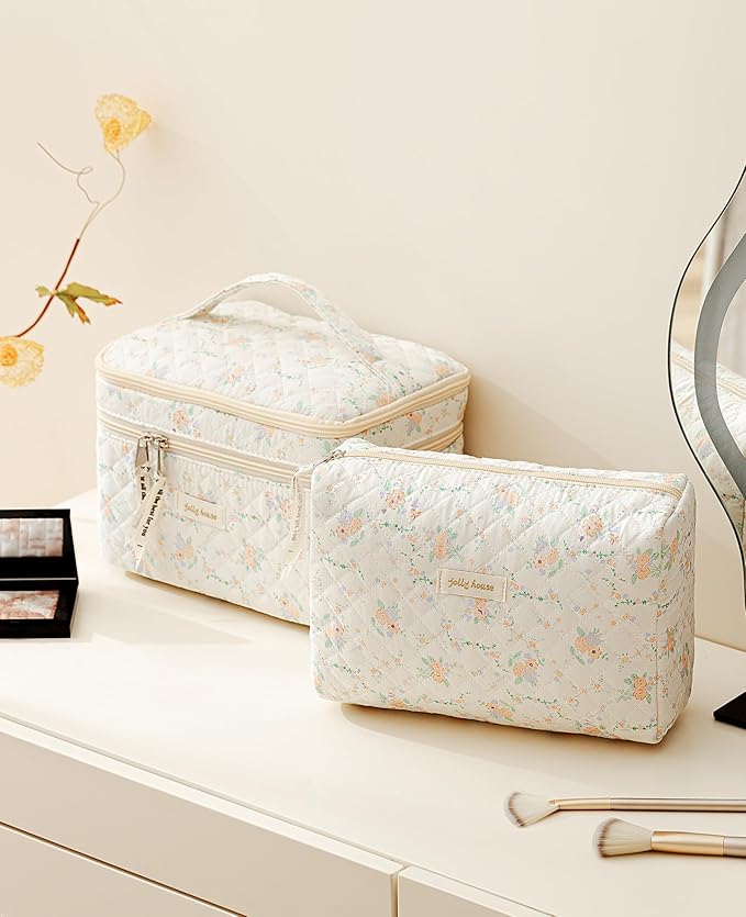 HBselect 2Pcs Travel Makeup Bag, Large Cotton Quilted Makeup Bag Cosmetic Bag Cute Make up Bag Toiletry Bags for Women Girls