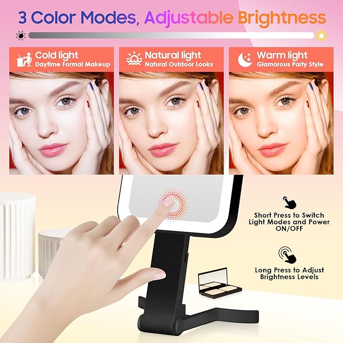 Magnifying Travel Mirror with Light, 30X/1X Double-Sided Magnifying Mirror with 3 Color Lights, Brightness Adjustable, Foldable Handheld Makeup Mirrors Portable for Travel and Desktop Use