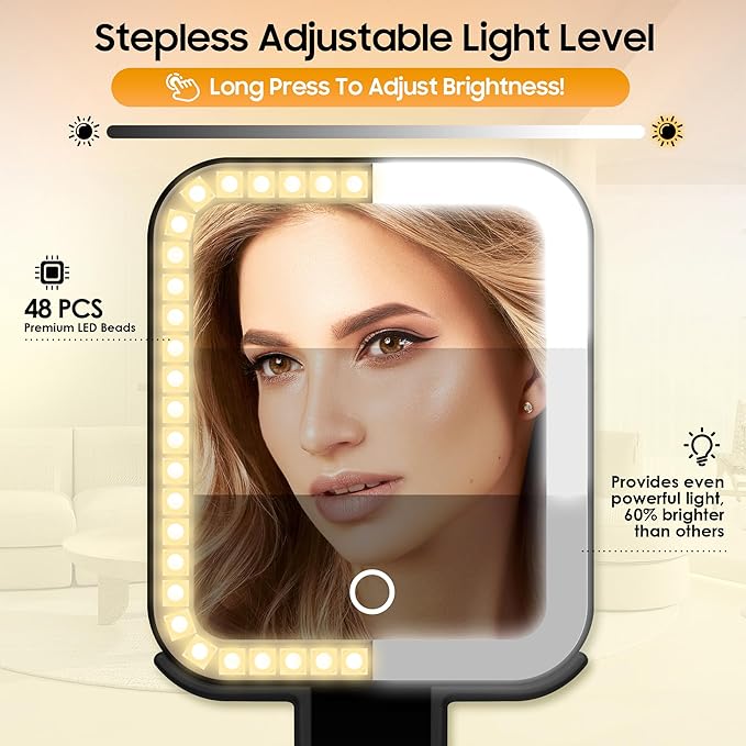 B Beauty Planet Small Travel Makeup Mirror with Lights(10" L x 5" W), Double-Sided 1X/30X Magnifying Mirror, 3 Color Lighting & Brightness Adjustable, Portable &Foldable Mirrors with Light (Black)