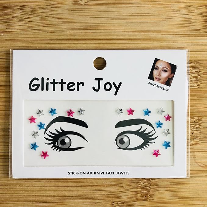 Eye Corners Face Jewels White Red Blue Star 4th of July Face Gems Tattoo Decorations Jewels Body Glitter Crystal Sticker Temporary Face Tattoo for 4th of July Costume Accessories, 2-Pack