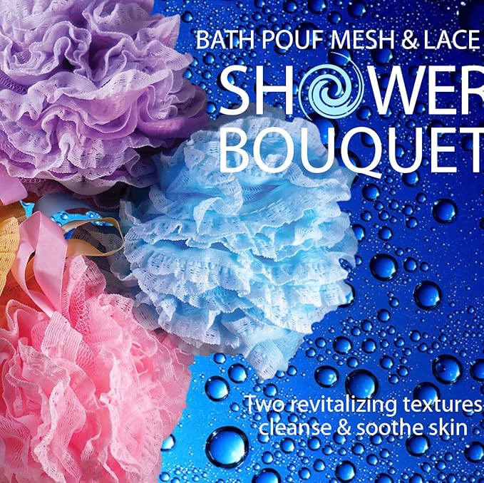 Loofah-Bath-Sponge Lace-Mesh-Set // 2-Scrubs-in-1 by Shower Bouquet/Large Full 60g Pouf (4 Pack Spa Colors) Body Luffa Loofa Loufa Puff - Exfoliate, Cleanse Skin with Luxurious Bathing Accessories