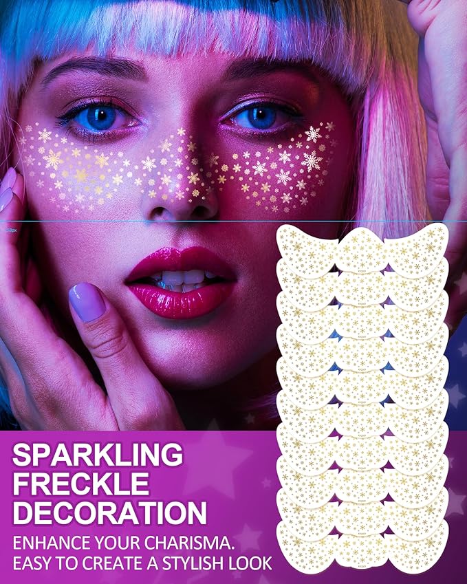Christmas Gold Glitter Freckles Face Tattoo Makeup Patches - Snowflake Speckles Sparkle Beauty Face Waterproof Fake Freckles for Dance Music Party Makeup - 10 Count