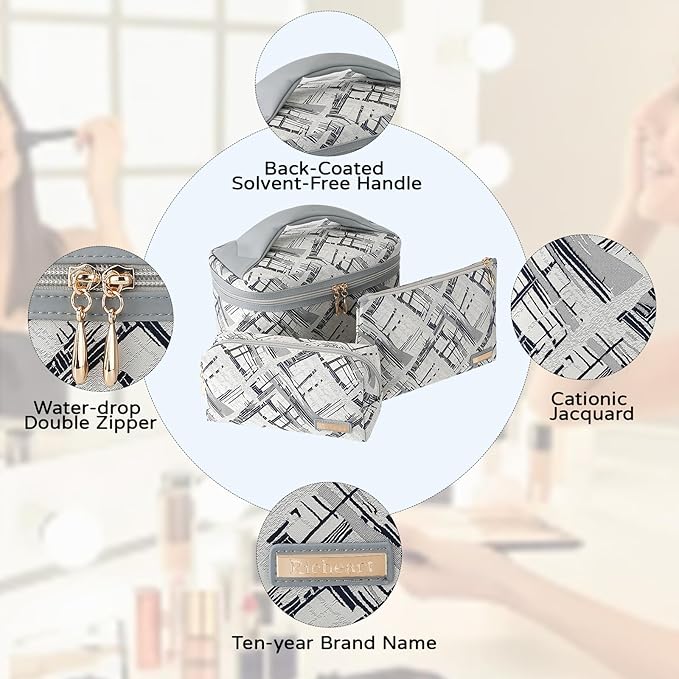 Richeart 3PC Makeup Bag Set, Cationic Jacquard Large Cosmetic Organizer, Back-Coated Solvent-Free Travel Toiletry Bag for Women - Gray