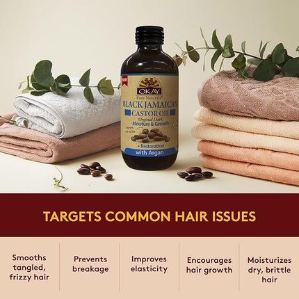 Okay Pure Naturals Black Jamaican Castor Oil with Argan Oil - Castor Oil for Hair Growth, Moisture for Skin, Face, Scalp, Eyelashes, Eyebrows, for Men & Women - 4 Fl Oz Glass Bottle (2 Pack)