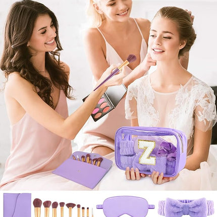 Gift Sets for Women, Initial Makeup Bag with Makeup Brush Set Bachelorette Party Favors, Purple Spa Kit with Skincare Headbands Wrist Bands Sleepover Party Supplies Gifts for Teen Girls Bridesmaid Z