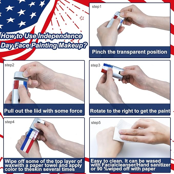 4pcs Red White and Blue Face Paint Stick, Long Lasting Patriotic Body Painting Baseball Eye Black America USA Flag Makeup Stick 4th of July Accessories for Kids Women Men Sports Party Independence Day