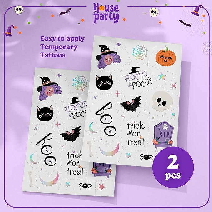 HOUSE OF PARTY Halloween Tattoos - 56 Pcs Hocus Pocus Stickers, Bat Tattoo, Skull Stickers, Witch Tattoo, Spider Webs - Fun for Kids and Adults - Ideal for Party Supplies