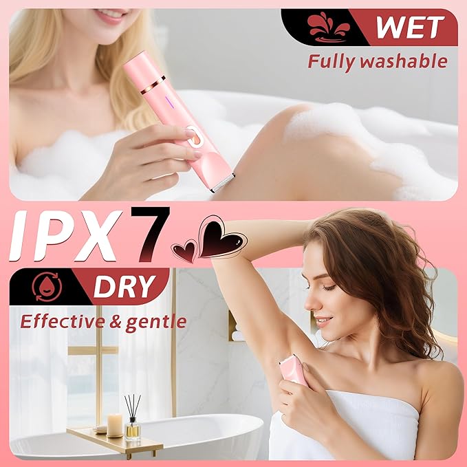 2-in-1 Women’s Electric Razor & Bikini Trimmer - Painless Pubic Hair Shaver, IPX7 Waterproof Wet/Dry Use for Bikini Area, Legs, Face, Underarms (Pink)