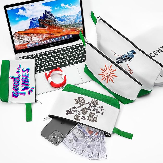 10 Pieces Cotton Canvas Makeup Bag with Bottom and Strap, Multi-Purpose Cosmetic Bag with Zipper Travel Toiletry Pouch, Blank DIY Craft Bag (White&Green, XS)