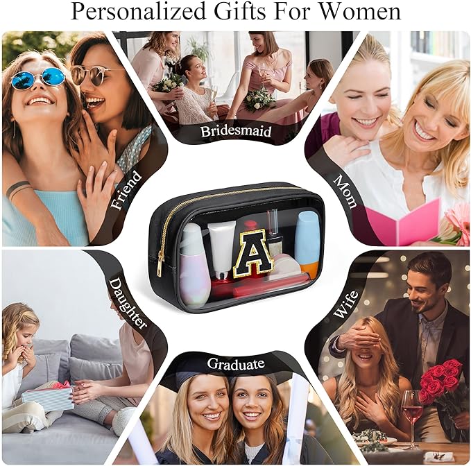 YOOLIFE Travel Makeup Bag Toiletry Bag for Women, Clear Make up Bag PVC Cosmetic Bag Black Travel Accessories Makeup Pouch Birthday Gifts for Women Teacher Mother Wife Girlfriend Gifts Letter Z