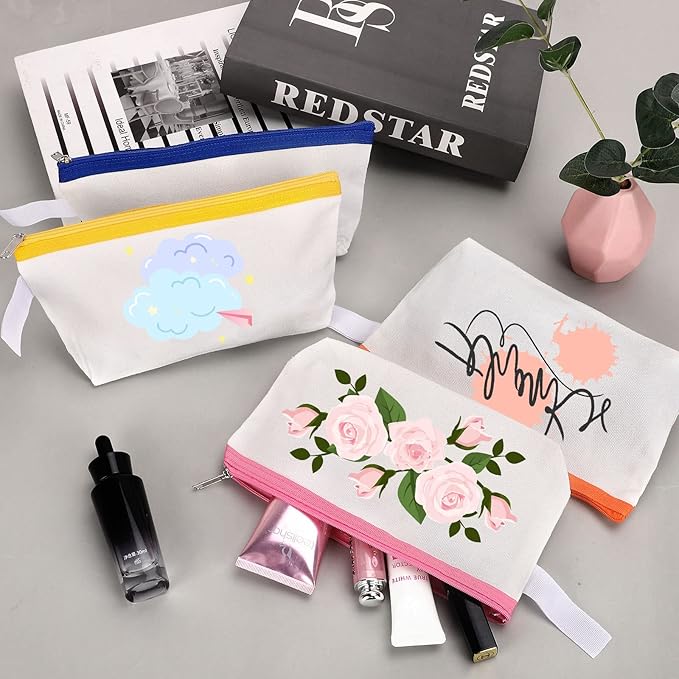 10 Pieces Cotton Canvas Makeup Bag with Bottom and Strap, Multi-Purpose Cosmetic Bag with Zipper Travel Toiletry Pouch, Blank DIY Craft Bag Pencil Bag (Multicolor 01, M) (MN-WB07)