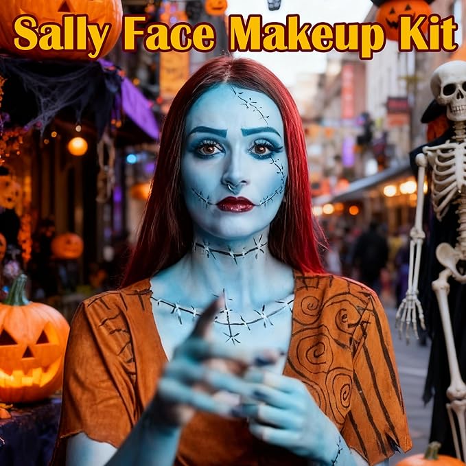 Sally Makeup Kit, Corpse Bride Halloween SFX Makeup Kit, Sally Face Costume Cosplay Accessories for Women Girls, Water Activated Light Blue Face Body Paint+Red Lipstick+Black Eyeliner+Sponges