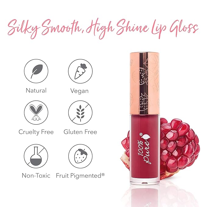 100% PURE Lip Gloss (Fruit Pigmented), Pomegranate Wine, High Shine, Moisturizing, Natural Lip Gloss, Sheer Finish, Tinted Lip Gloss w/Cocoa Butter, Vitamin E (Medium Berry Red Color) - 0.14 Fl Oz