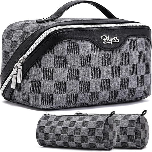 BOYATU Travel Makeup Bag for Women: Large Cosmetic Bag Set of 3 - PU Leather Make up Bag with Compartments - Compact Waterproof Toiletry Bag with Divider & Handle (C-02Black)