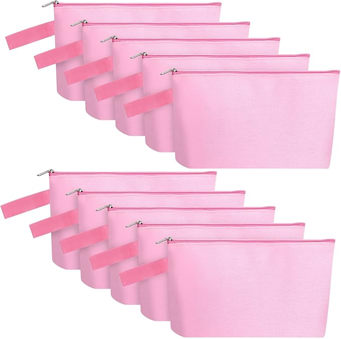 10 Pieces Cotton Canvas Makeup Bag with Bottom and Strap, Multi-Purpose Cosmetic Bag with Zipper Travel Toiletry Pouch, Blank DIY Craft Bag Pencil Bag (Pink, XS) (MN-WB07)