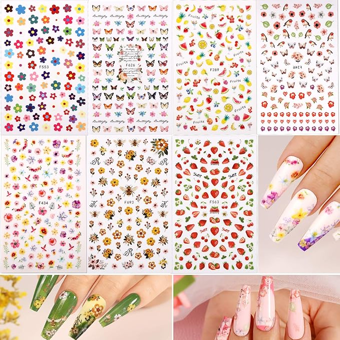 Teenitor 12 Sheets Nail Art Sticker 3D Self-Adhesive, Nail Art Decoration with 5 Boxes Holographic Nail Art Glitter Flakes Butterfly Heart Star Maple Leaf Nail Sequins and Nail Art Flower Slices