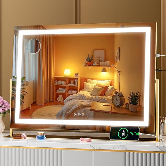 Hasipu Vanity Mirror with Lights, 28" x 20" LED Makeup Mirror, Light up Mirror with 10X Magnification and Phone Holder, USB Charging Port, Smart Touch 3 Colors Dimmable, 360° Rotation (Gold)