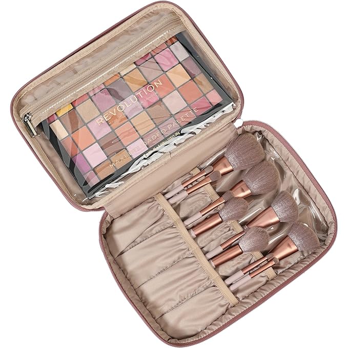 NISHEL Large Double Layer Travel Makeup Bag Women, Large Cosmetic Case, Organizer for Travel-Size Accessories Bottles, Brushes, Conditioner, and Skin Care Products, Rose-wood Pink