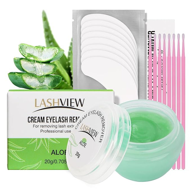 LASHVIEW Eyelash Extension Remover Cream Gentle Aloe Vera Formula, Lash Removal Kit with Eye Patches & Cotton Swabs(20g)