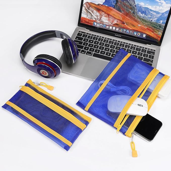 12 Pieces Zipper Nylon Mesh Pouch, Mesh Cosmetic Bags Makeup Bags Pencil Case, Multipurpose Travel Bags for Cosmetic School Office Supplies and Travel Accessories (2 Layers-Blue, A5)