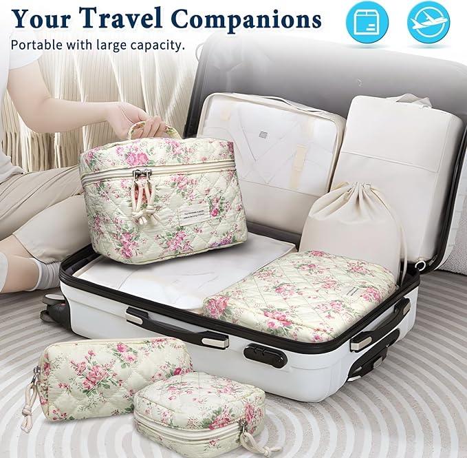 VIWIME Makeup Cosmetic Bag, Large Cotton Quilted Travel Coquette Aesthetic Cute Floral Make up Bag for Women Toiletry Bag Organizer (PinkFlower4Pcs)