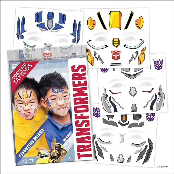 Transformers Costume Face Tattoos – Temporary Tattoo Set for Kids Featuring Optimus Prime, Bumblebee & More, Easy Halloween Costume Accessory, Non-Toxic & Skin-Safe