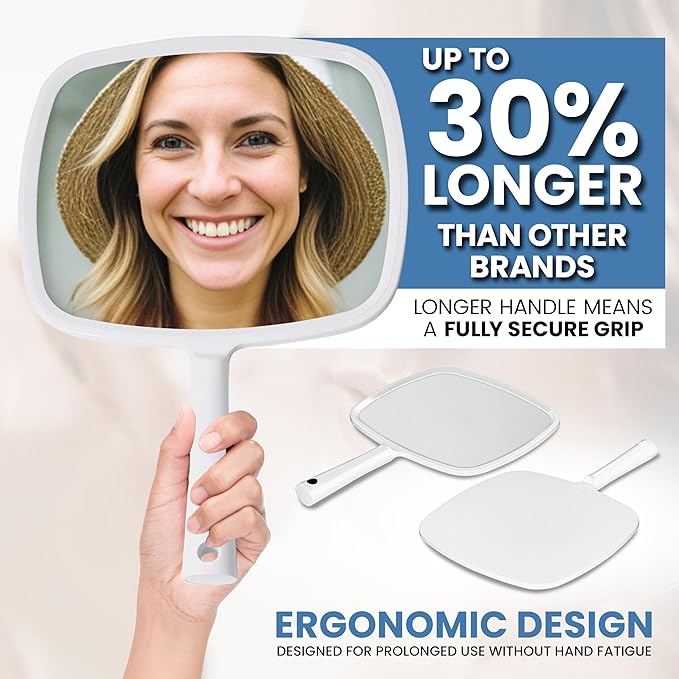 MIRRORVANA Hand Mirror with Ergonomic Handle - Hand Held Mirror for Make-up, Home Haircuts, Dental and Barber Use, 8” x 11” (White)