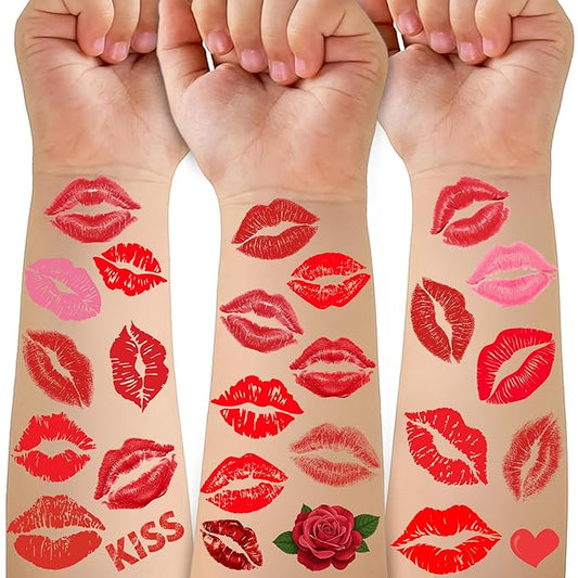 50 Pieces Valentines Lip Temporary Tattoos, Red Pink Lip Print Kiss Face Tattoo Stickers Body Decorations for Girls Kids