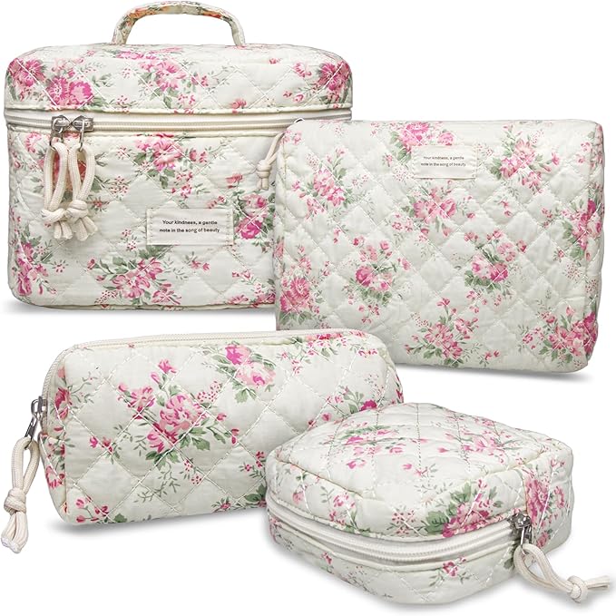 VIWIME Makeup Cosmetic Bag, Large Cotton Quilted Travel Coquette Aesthetic Cute Floral Make up Bag for Women Toiletry Bag Organizer (PinkFlower4Pcs)