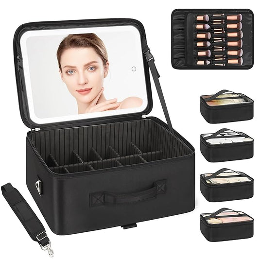 Relavel Extra Large Makeup Case with LED Mirror, Train Cosmetic Case with 4 Small Make Up Bag for Trip, Professional Makeup Organizer Storage with Detachable Dividers for Makeup Artists, Hairstylist