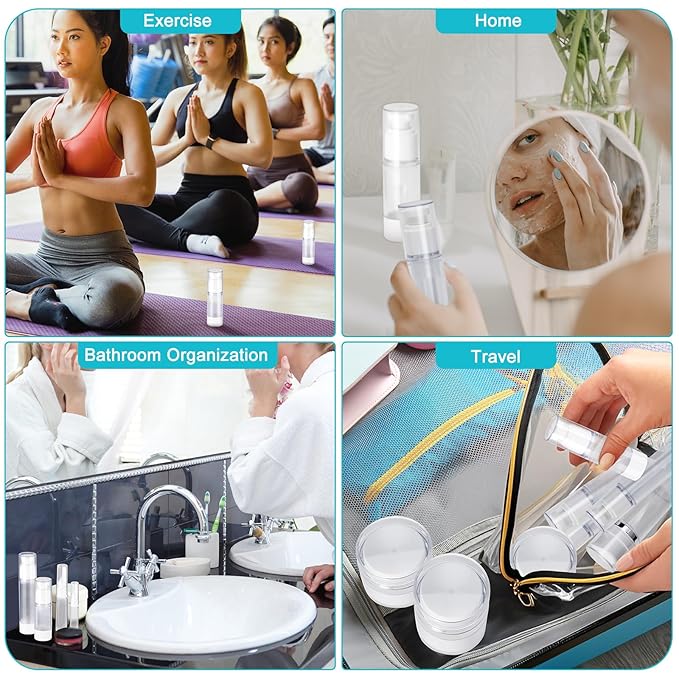 Meanplan 32 Pack Airless Pump Jars Set 3.4/1.7/1/0.34oz Refillable Travel Cosmetic Container Mini Leak Proof Atomizer Spray Bottle Skincare Dispenser for Toiletry, Cream Lotion, Foundation, Shampoo