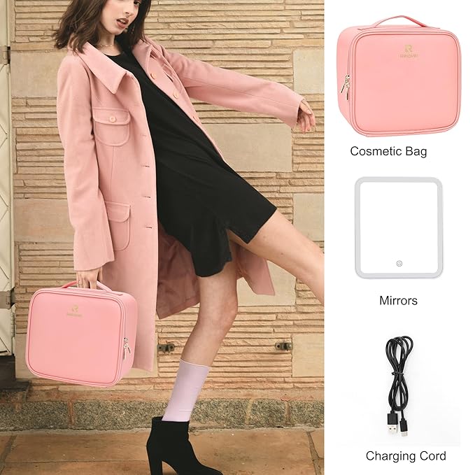 Relavel Travel Makeup Bag With LED Mirror Portable Travel Makeup Organizer 3 Color Adjustable Brightness Waterproof Cosmetic Train Case with Removable Dividers Makeup Storage for Women, Pink