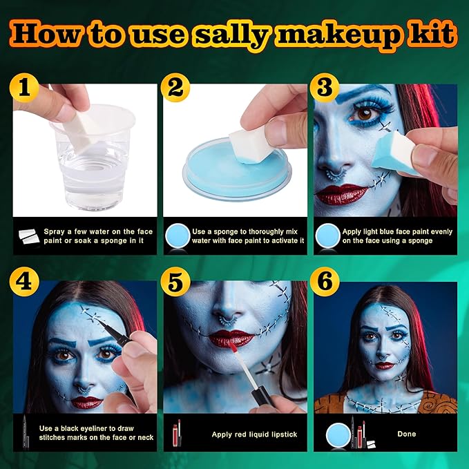 Sally Makeup Kit, Corpse Bride Halloween SFX Makeup Kit, Sally Face Costume Cosplay Accessories for Women Girls, Water Activated Light Blue Face Body Paint+Red Lipstick+Black Eyeliner+Sponges