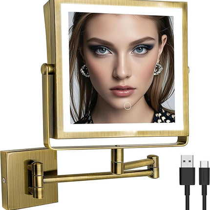 Ruacq Rechargeable Wall Mounted Makeup Mirror with Lights, Double Sided 1X/10X Magnifying Vanity Mirror with 3 Color Lights, Touch Screen Dimmable, 360° Rotation Extension Foldable Arm(Antique Brass)