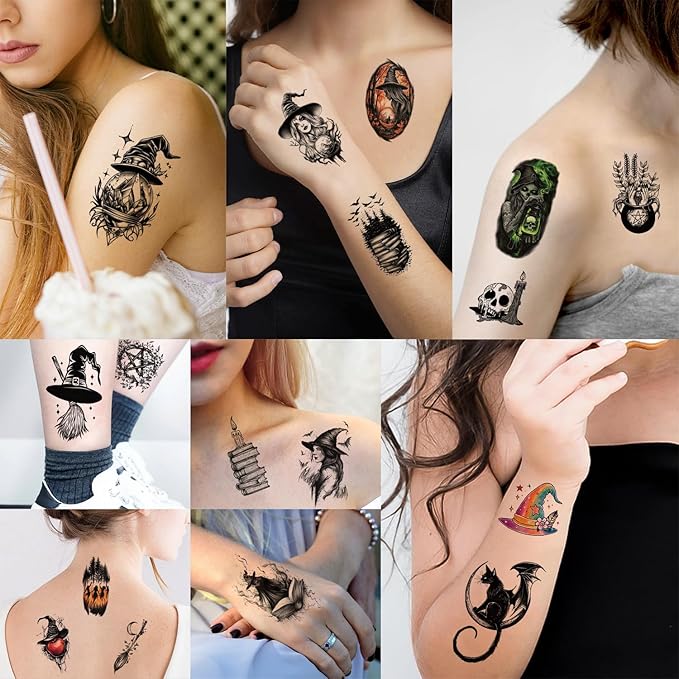 77 Sheets Halloween Temporary Tattoos, Witch Makeup Kit, Scary Witch Hat Cat Skull Bat Crow Black Moon Horro Half Arm Fake Tattoo Stickers for Adult Women Boy Girl