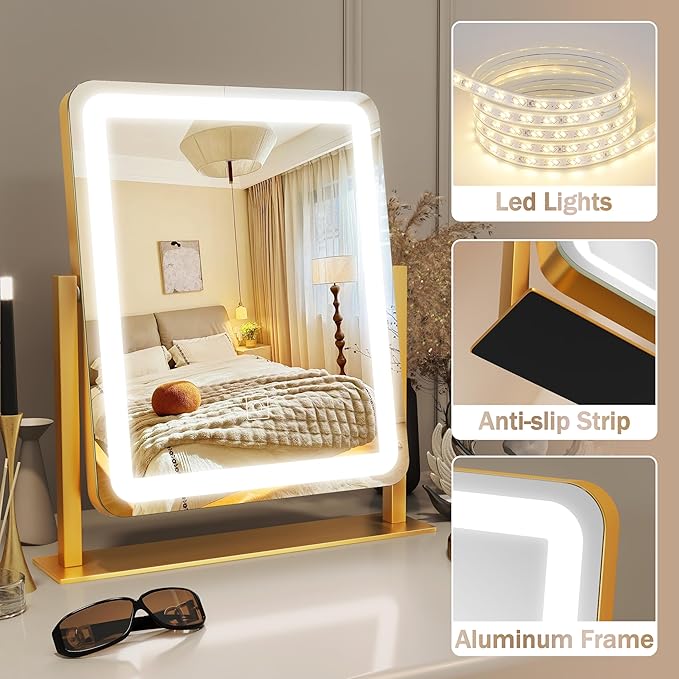 Gold Vanity Mirror with Lights, 15"x13" Lighted Makeup Mirror with Smart Touch, 3-Color Dimmable Lighting, 360° Rotation, Tabletop Mirror for Desk or Bedroom