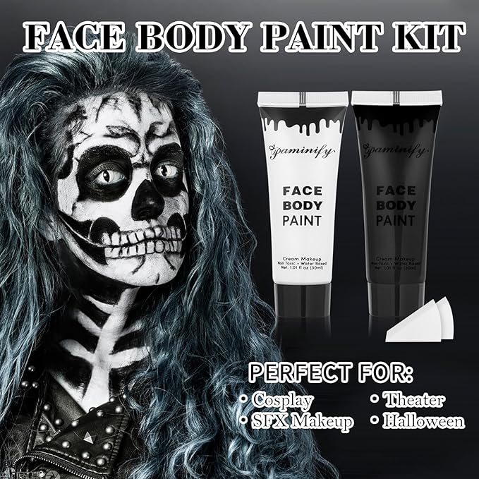 Black White Face Body Paint 1.01 oz/pc with 2 Sponges,Water Based Cream Face Paint for Clown Zombie Vampire Skeleton Cosplay Makeup,Halloween SFX Makeup Face Painting Kit,2.02 oz