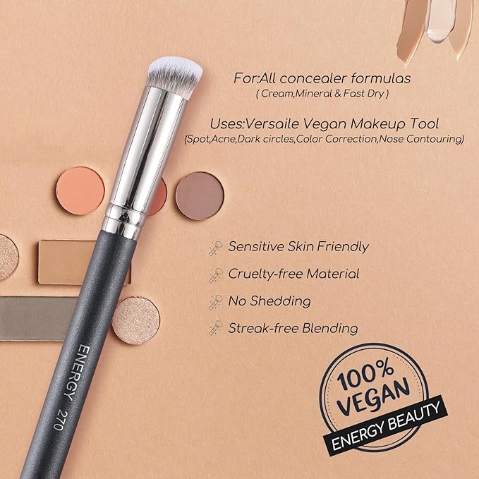 ENERGY Concealer Brush Under Eye Mini Angled Flat Top Kabuki Nose Contour Brush for Concealing Blending Setting Buffing with Powder Liquid Cream Cosmetic Pro Small Makeup Foundation brushes 270