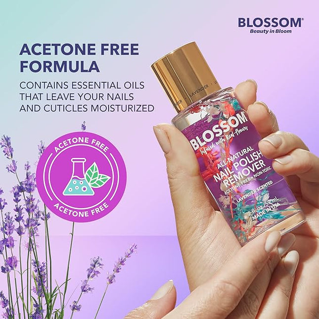 Blossom Non Toxic Nail Polish Remover Non Acetone, All Natural Scented, Vegan, Acetone Free Nail Polish Remover, Organic Plant-Based, Infused with Real Flowers, Made in USA, 2oz, Lavender