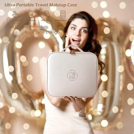 MOMIRA Travel Makeup Bag Cosmetic Bag Makeup Organizer Bag with Lighted Mirror, Adjustable Brightness in 3 Color Scenarios, Waterproof Makeup Train Case, Gift for Women - Khaki