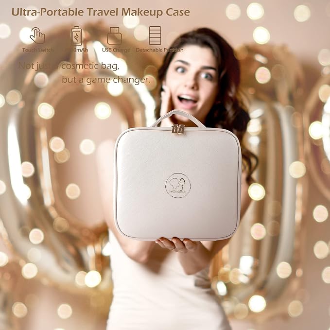 MOMIRA Travel Makeup Bag Cosmetic Bag Makeup Organizer Bag with Lighted Mirror, Adjustable Brightness in 3 Color Scenarios, Waterproof Makeup Train Case, Gift for Women - Khaki