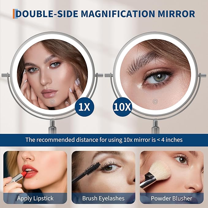 Garvee Lighted Makeup Mirror, Rechargeable Height Adjustable Double Sided Vanity Mirror, 1x/10x True HD Magnifying, Brightness Adjustable, Three Colors, 360° Rotation Vanity, Gift for Women, Chrome